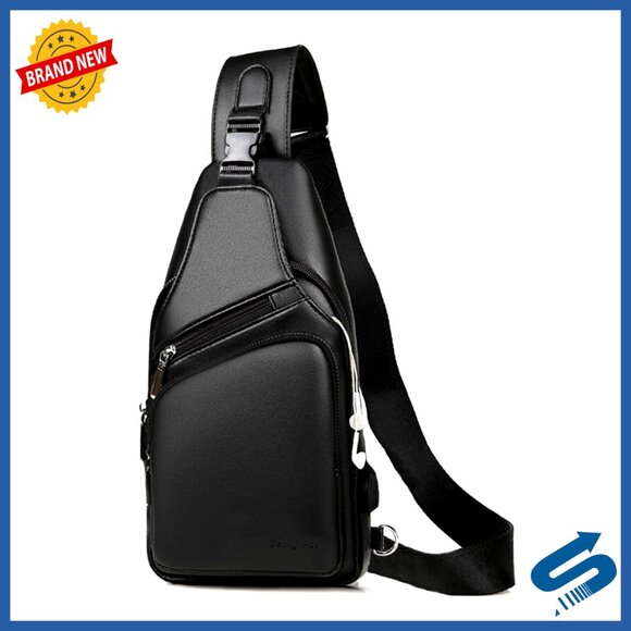 Waterproof Leather Sling Bag with USB Charging Port Crossbody Chest Backpack